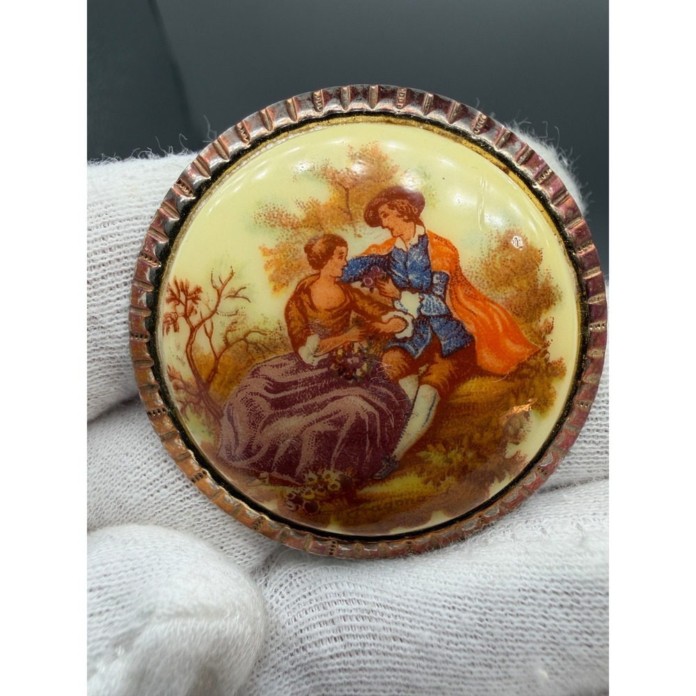 Vintage 1920s Romantic Scene Brooch Glass Cabochon C Clasp Early 20th Cent #1028